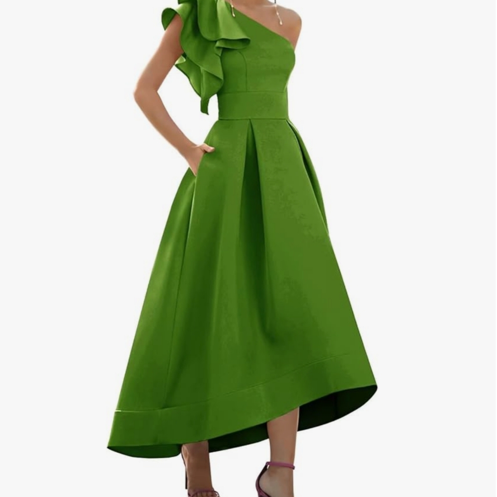 Elegant Olive Green One-Shoulder Satin Dress
